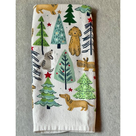 At Home Other - Whimsical Christmas Dogs & Trees Cotton Tea Towel Kitchen Decor